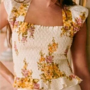 Sézane Elodia Sz 36 Floral Smocked Top - Cream and Yellow